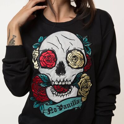 Sweatshirt mit Totenkopf-Rosen-Stickerei Damen - SCHWARZ