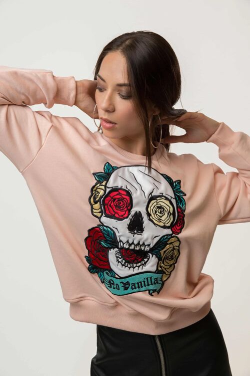 Embroidered Skull Roses Sweatshirt Woman - CREAM