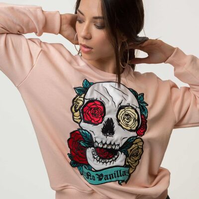 Embroidered Skull Roses Sweatshirt Woman - CREAM