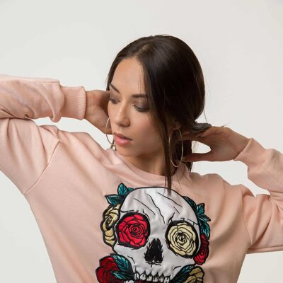 Embroidered Skull Roses Sweatshirt Woman - CREAM