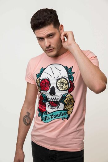 T-shirt Homme Roses Tête de Mort Brodé - PEACH 1