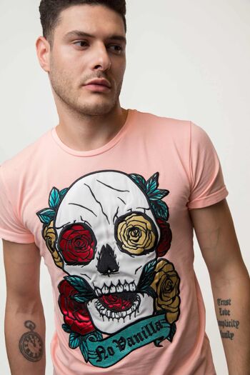 T-shirt Homme Roses Tête de Mort Brodé - PEACH 2