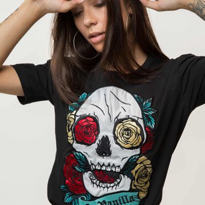 T-shirt Skull Rose Ricamate Donna - NERO