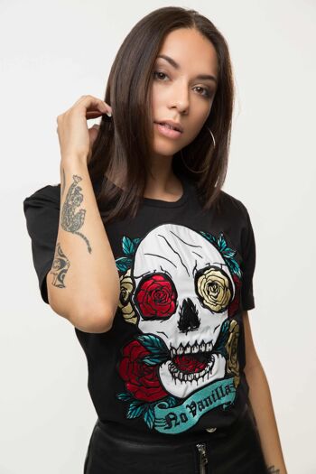 T-shirt Roses Tête de Mort Brodé Femme - NOIR 3