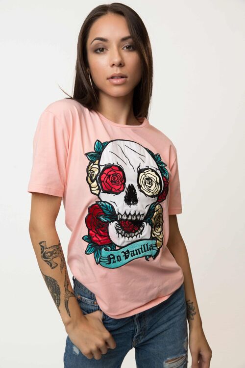 Embroidered Skull Roses T-shirt Woman - PEACH