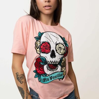 T-shirt Roses Tête de Mort Brodé Femme - PEACH