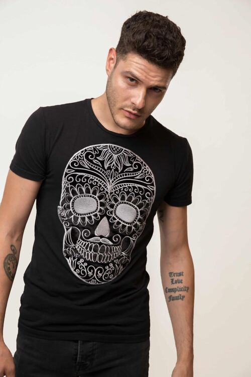 Embroidered Black Moustache Skull T-shirt Man - SILVER