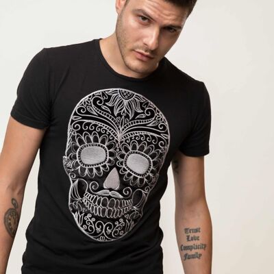 T-shirt Skull Moustache Noir Brodé Homme - ARGENT