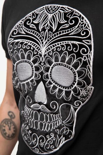 T-shirt Skull Moustache Noir Brodé Homme - ARGENT 2