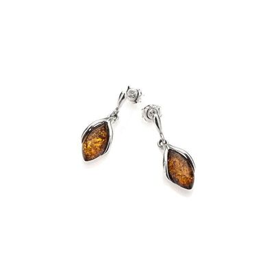 Dangle earrings with cognac amber navette, in rhodium silver 925/1000 - KM202KR