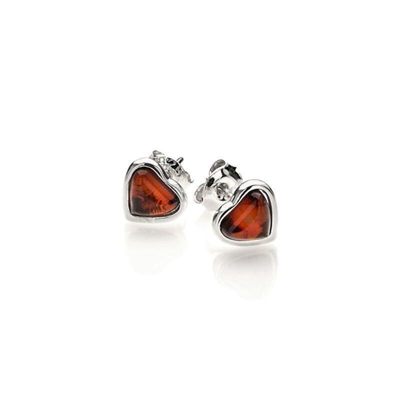 Orecchini a cuore con ambra cognac naturale, in argento rodiato 925/1000 - AJK5-976R