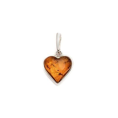 Pendentif coeur avec ambre cognac naturel, en argent rhodié 925/1000, hauteur 1,4+1 cm - KM982WR