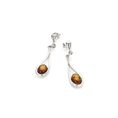 Orecchini pendenti con goccia di ambra cognac, in argento rodiato 925/1000 - AMK009R