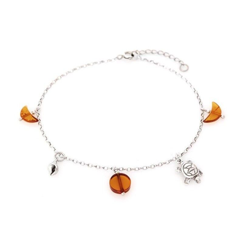 Schildkrötenarmband, Muschel mit Cognac-Bernstein, 925/1000 rhodiniertes Silber, Länge 23+4 cm – GDB0052R