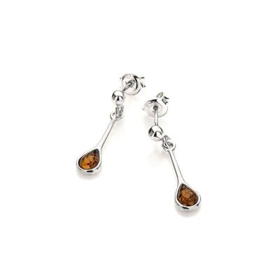 Pendientes colgantes con gota de ámbar coñac, en plata rodiada 925/1000 - GDK0070R