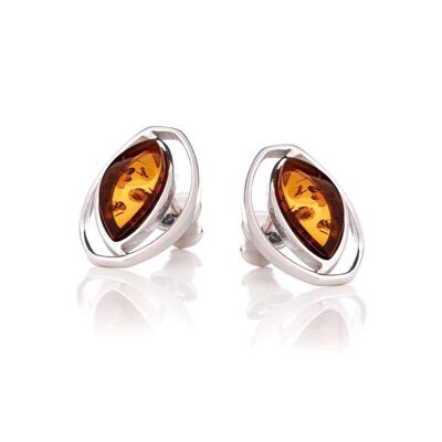 Natural cognac amber navette stud earrings, in 925/1000 rhodium silver - SA3738EOR