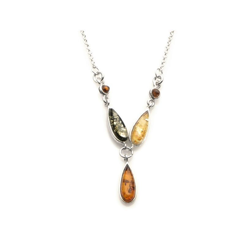 Halskette mit mehrfarbigem Bernstein, aus 925/1000 rhodiniertem Silber, Länge 42 + 3 cm – AJWK4MR