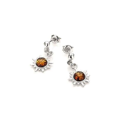 Sun pendant earrings with cognac amber, in rhodium-plated silver 925/1000 - AMK0080R