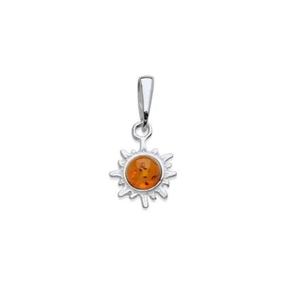 Colgante de sol con ámbar coñac redondo, en plata rodiada 925/1000, altura 1+1,5 cm - AMW0080R