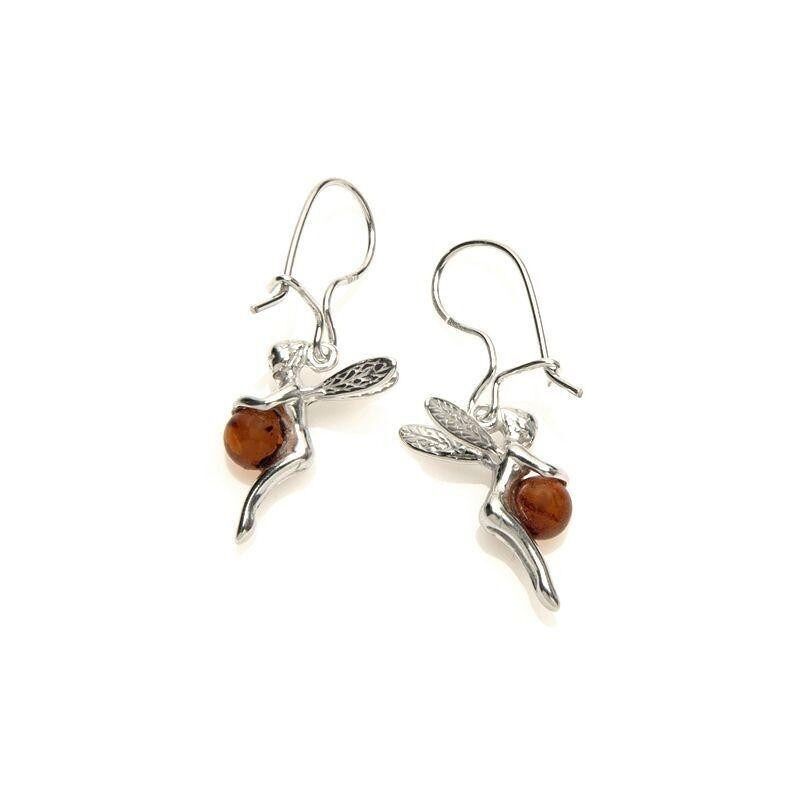 Boucles d'oreilles fée avec ambre cognac naturel, en argent rhodié 925/1000 - GDK0063R