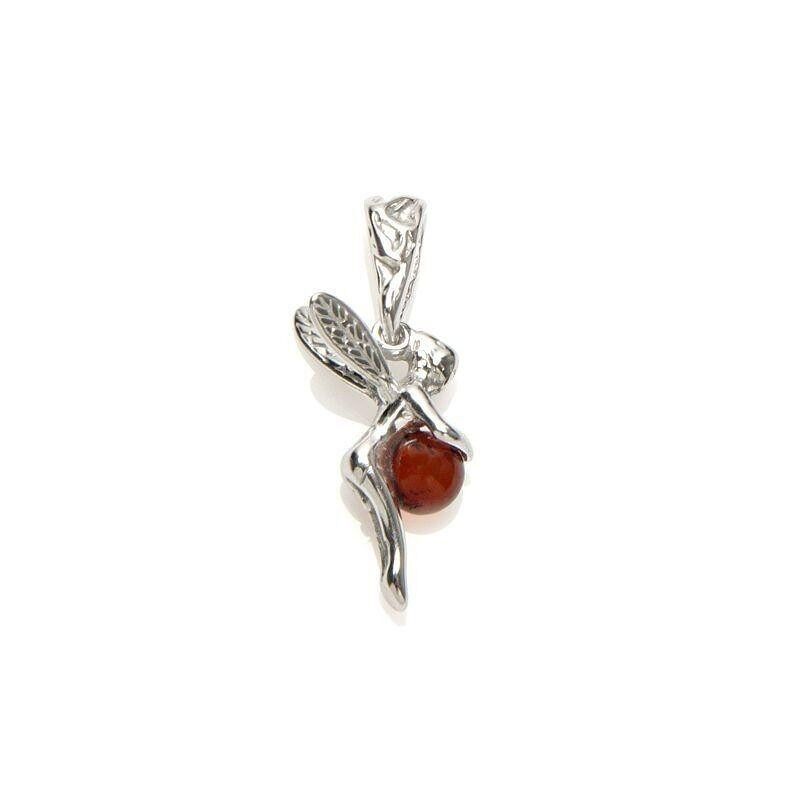 Ciondolo fata con pallina d'ambra cognac, in argento 925/1000 rodiato, altezza 1,5+1 cm - GDW0063R