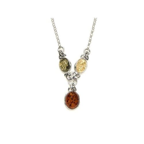 Collier avec ambre multicolore ovale, en argent rhodié 925/1000 - KM259NR