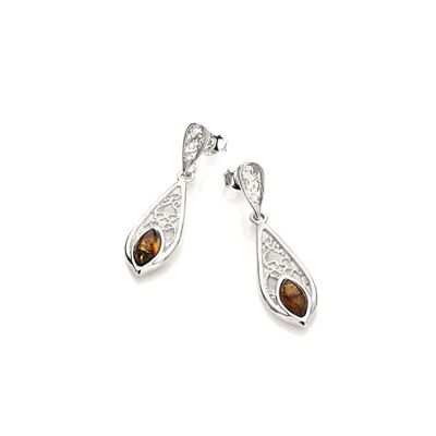 Pendientes colgantes con ámbar coñac natural, en plata rodiada 925/1000 - KM110KR