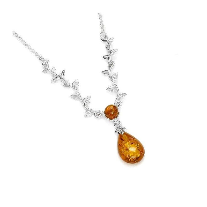 Collana foglia con goccia di ambra cognac, in argento rodiato 925/1000, 42+3 cm - GI-CL012