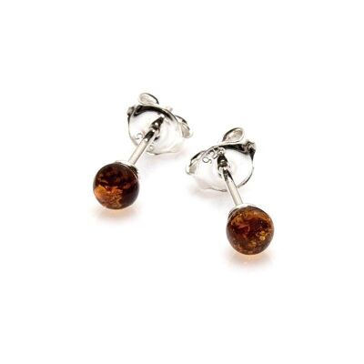 Orecchini a bottone con sfera di ambra cognac del Mar Baltico, argento rodiato 925/1000 - GDK00280R