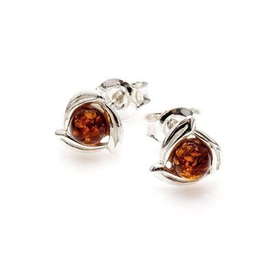 Stud earrings with cognac amber from the Baltic Sea ball, rhodium-plated silver 925/1000 - GDK21R