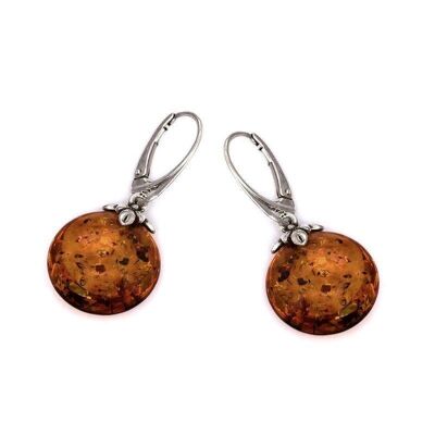 Orecchini pendenti con ambra cognac tonda, in argento rodiato 925/1000 - GDK00282R