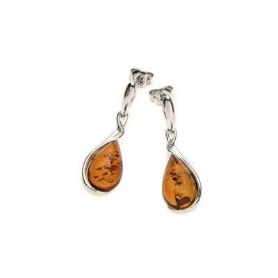 Orecchini pendenti con goccia di ambra cognac, in argento rodiato 925/1000 - AMK0053R