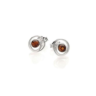 Orecchini a bottone con ambra cognac rotonda del Mar Baltico, argento rodiato 925/1000 - MGK1004R