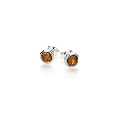 Orecchini a bottone con ambra cognac rotonda del Mar Baltico, argento rodiato 925/1000 - AMK00215R