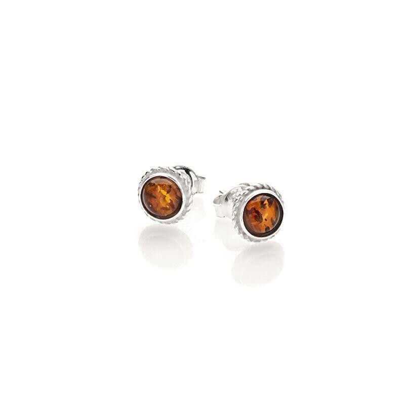 Stud earrings with round Baltic Sea cognac amber, rhodium-plated silver 925/1000 - AMK00213R