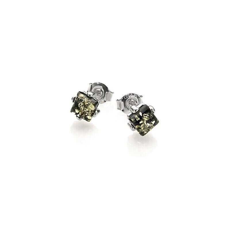Square Baltic Sea Green Amber Stud Earrings, 925/1000 Rhodium Silver - KM242KVR