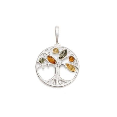 Ciondolo albero della vita con ambra multicolore, argento 925/1000 rodiato, 2,5+1 cm - AJW6-1003MR