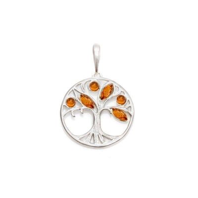 Pendentif arbre de vie avec ambre cognac, argent rhodié 925/1000, diamètre 2,5+1 cm - AJW6-1003R