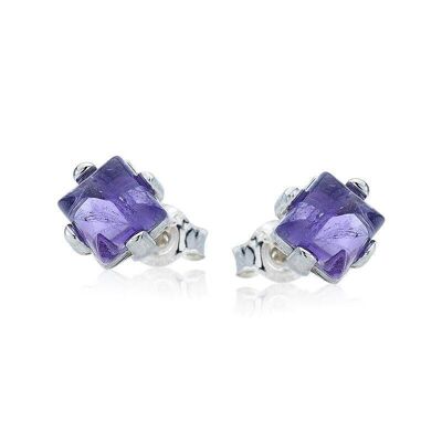 Clous d'oreilles avec améthyste violette naturelle carrée, en argent rhodié 925/1000 - CKM-BO003-AM