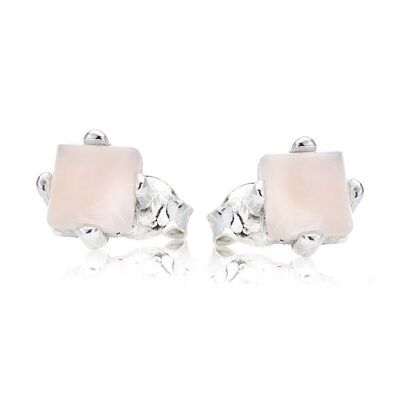 Orecchini a bottone con quarzo rosa naturale quadrato, in argento 925/1000 rodiato - CKM-BO003-QR