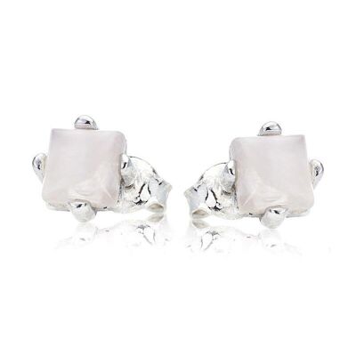 Square white moonstone stud earrings, in 925/1000 rhodium silver - CKM-BO003-PL