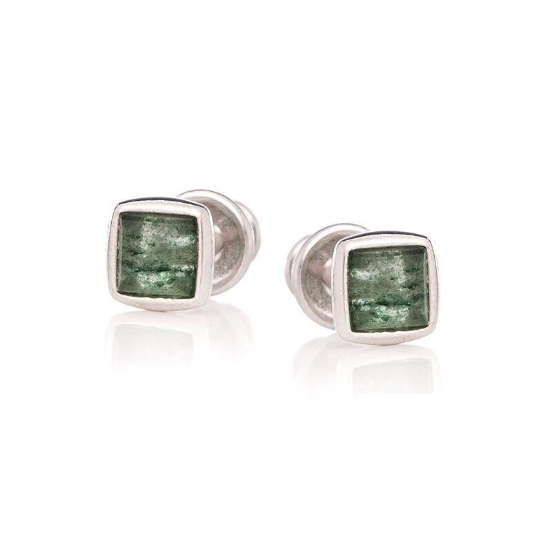 Stud earrings with square natural green aventurine, in rhodium-plated silver 925/1000 - CSA-BO013-AV
