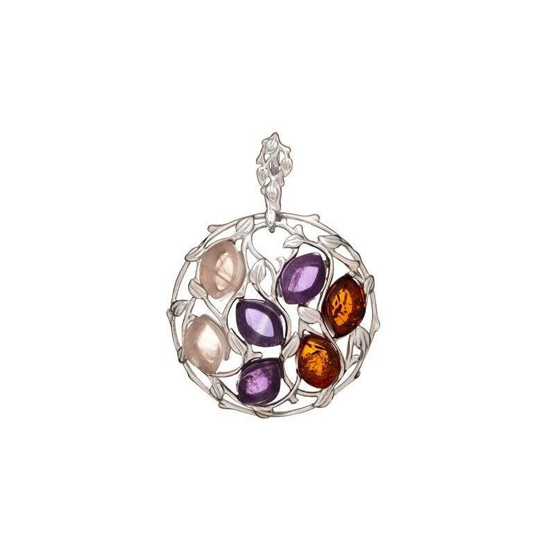 Round pendant with multi-colored stones, rhodium-plated silver 925/1000, 1+2.7 cm - CSA-PE001