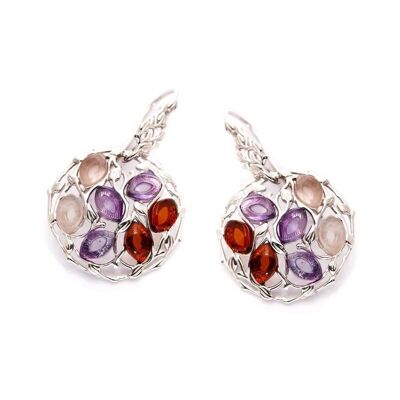 Pendientes redondos con piedras multicolores, en plata rodiada 925/1000 - CSA-BO001