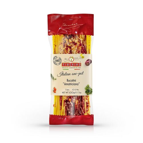 Bucatini "Amatriciana", primo piatto italiano pronto da cuocere con condimento - 3 porzioni