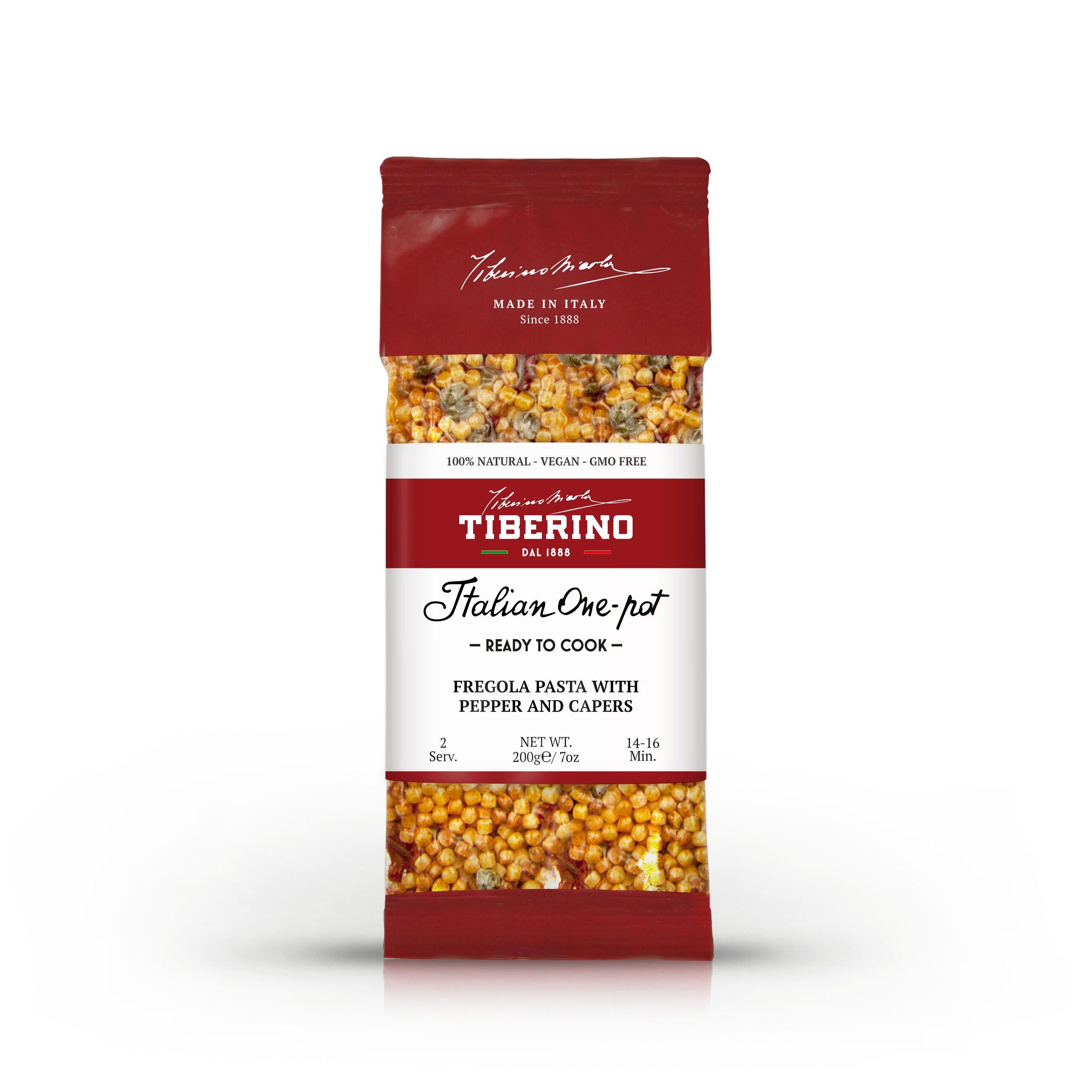 Fregola con peperoni rossi e capperi sotto sale, pasta sarda al bronzo pronta da cuocere con condimento - 2 porciones