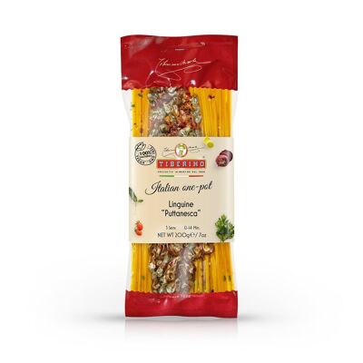 Linguine „Puttanesca“ mit Oliven & gesalzenen Kapern, scharfe Tomatensauce, küchenfertige italienische Pasta im Bronzeschliff mit Gewürzen – 3 Portionen