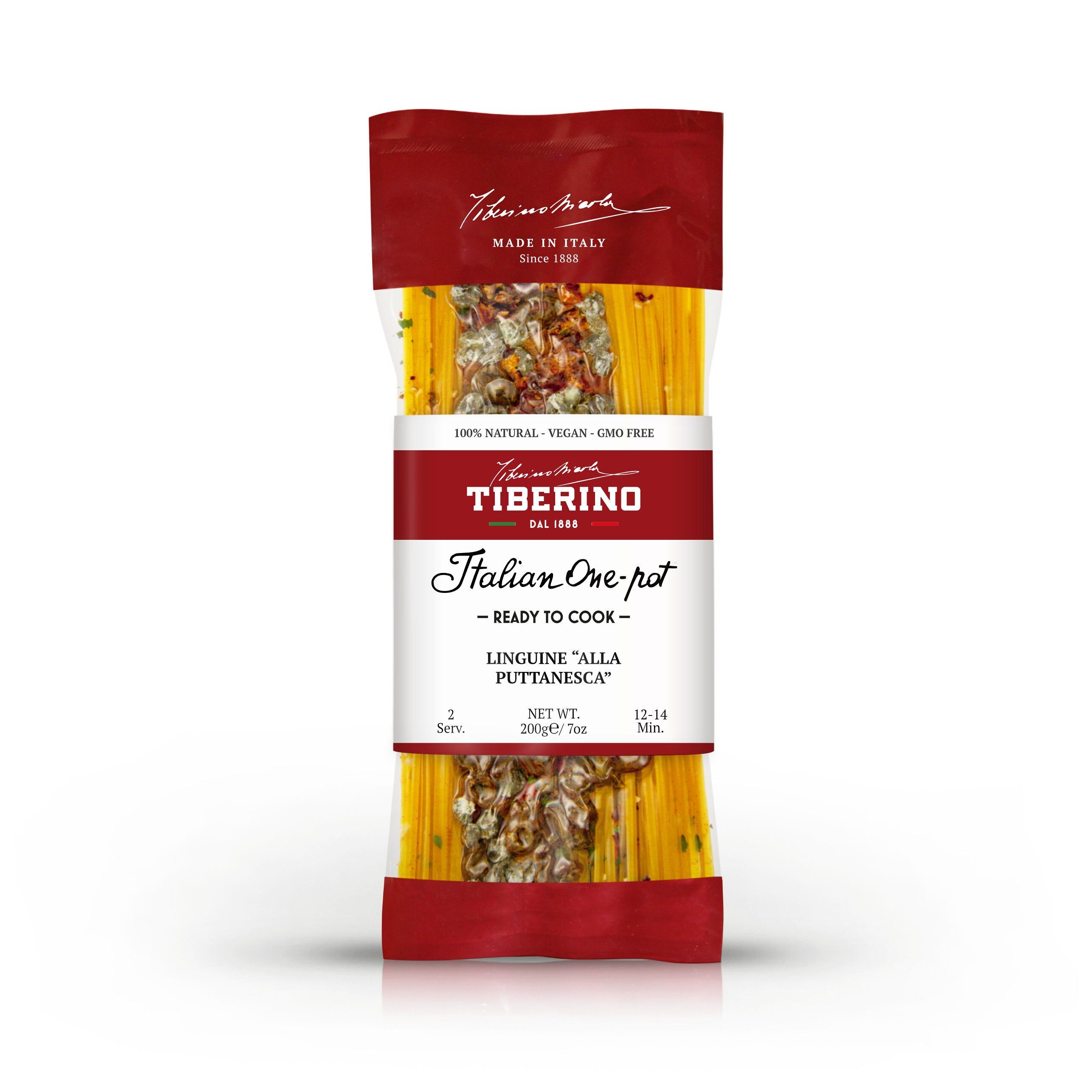 Linguine alla "Puttanesca" con salsa di pomodoro piccante olive e capperi salati, pasta italiana trafilata al bronzo con condimento pronto da cuocere - 2 porzioni