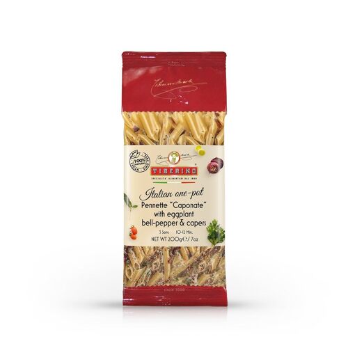 Pennette "Caponate" with Eggplant, bell-pepper & salted capers, ready-to-cook Italian pasta with seasoning - 3 servings