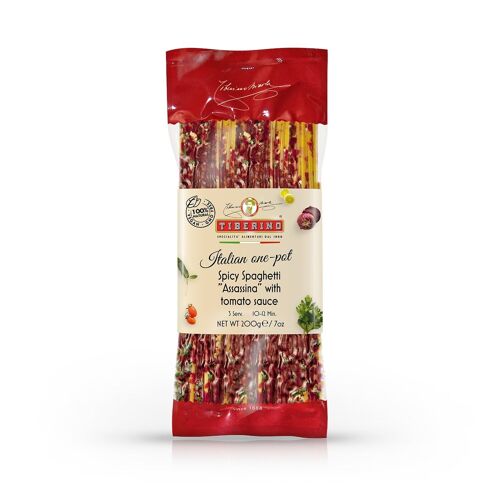 Spicy Spaghetti "Assassina" with Tomato Sauce, ready-to-cook Italian bronze-cut pasta with seasoning - 3 servings